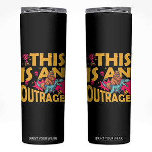This Is An Outrage Sassy Cat Riding Raptor Dinosaur Skinny Tumbler Retro Pop Art Graphic