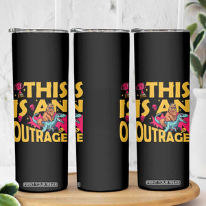This Is An Outrage Sassy Cat Riding Raptor Dinosaur Skinny Tumbler Retro Pop Art Graphic