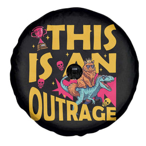 This Is An Outrage Sassy Cat Riding Raptor Dinosaur Spare Tire Cover Retro Pop Art Graphic