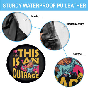 This Is An Outrage Sassy Cat Riding Raptor Dinosaur Spare Tire Cover Retro Pop Art Graphic