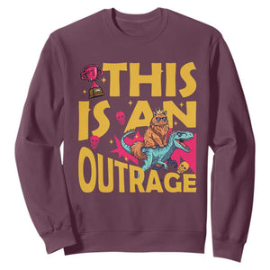 This Is An Outrage Sassy Cat Riding Raptor Dinosaur Sweatshirt Retro Pop Art Graphic