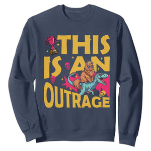 This Is An Outrage Sassy Cat Riding Raptor Dinosaur Sweatshirt Retro Pop Art Graphic