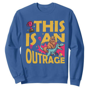 This Is An Outrage Sassy Cat Riding Raptor Dinosaur Sweatshirt Retro Pop Art Graphic