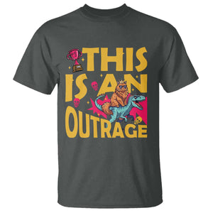 This Is An Outrage Sassy Cat Riding Raptor Dinosaur T Shirt Retro Pop Art Graphic