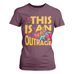 This Is An Outrage Sassy Cat Riding Raptor Dinosaur T Shirt For Women Retro Pop Art Graphic