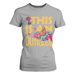 This Is An Outrage Sassy Cat Riding Raptor Dinosaur T Shirt For Women Retro Pop Art Graphic