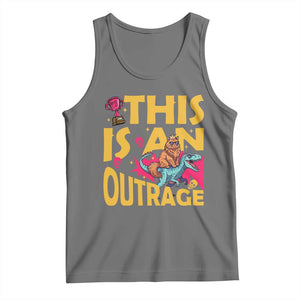 This Is An Outrage Sassy Cat Riding Raptor Dinosaur Tank Top Retro Pop Art Graphic