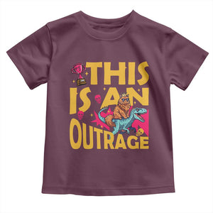 This Is An Outrage Sassy Cat Riding Raptor Dinosaur Toddler T Shirt Retro Pop Art Graphic