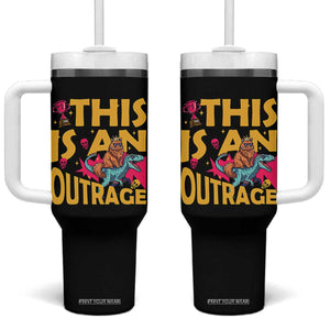 This Is An Outrage Sassy Cat Riding Raptor Dinosaur Tumbler With Handle Retro Pop Art Graphic
