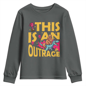 This Is An Outrage Sassy Cat Riding Raptor Dinosaur Youth Sweatshirt Retro Pop Art Graphic