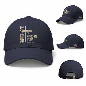 Fatherhood Is Kingdom Work Christian Dad Distressed Cross Baseball Cap Bible Verse Proverbs 22:6 Gift for Faith-Based Fathers