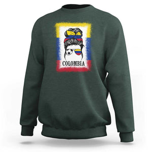 Colombia Football Sweatshirt Colombian Messy Bun Futbol Lover Bleached TS02 Dark Forest Green Print Your Wear