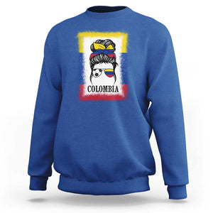 Colombia Football Sweatshirt Colombian Messy Bun Futbol Lover Bleached TS02 Royal Blue Print Your Wear