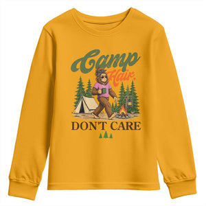 Vintage Funny Girly Bigfoot Camper Youth Sweatshirt Camp Hair Don't Care Sasquatch Camping Outdoor Adventure