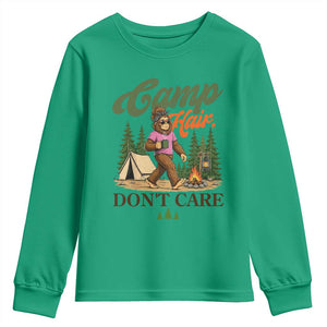 Vintage Funny Girly Bigfoot Camper Youth Sweatshirt Camp Hair Don't Care Sasquatch Camping Outdoor Adventure