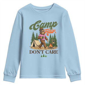 Vintage Funny Girly Bigfoot Camper Youth Sweatshirt Camp Hair Don't Care Sasquatch Camping Outdoor Adventure