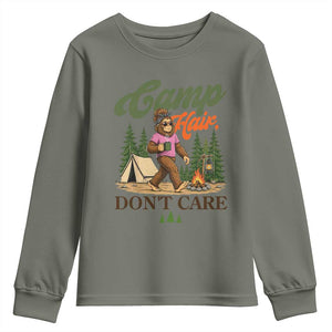 Vintage Funny Girly Bigfoot Camper Youth Sweatshirt Camp Hair Don't Care Sasquatch Camping Outdoor Adventure