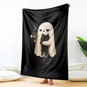 Meh Boojee Sleepy Ghost Holding Black Cat Drinking Coffee Throw Blanket Spooky Halloween Cute Autumn Morning Mood Graphic