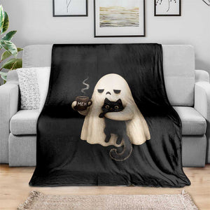 Meh Boojee Sleepy Ghost Holding Black Cat Drinking Coffee Throw Blanket Spooky Halloween Cute Autumn Morning Mood Graphic