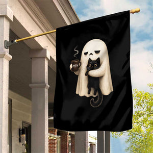 Meh Boojee Sleepy Ghost Holding Black Cat Drinking Coffee Garden Flag Spooky Halloween Cute Autumn Morning Mood Graphic
