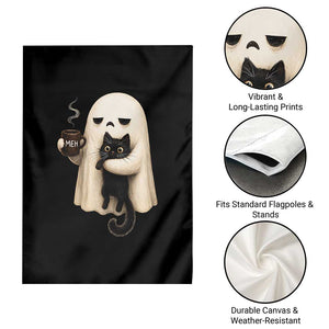 Meh Boojee Sleepy Ghost Holding Black Cat Drinking Coffee Garden Flag Spooky Halloween Cute Autumn Morning Mood Graphic