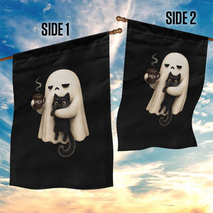Meh Boojee Sleepy Ghost Holding Black Cat Drinking Coffee Garden Flag Spooky Halloween Cute Autumn Morning Mood Graphic