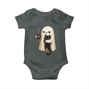 Meh Boojee Sleepy Ghost Holding Black Cat Drinking Coffee Baby Onesie Spooky Halloween Cute Autumn Morning Mood Graphic