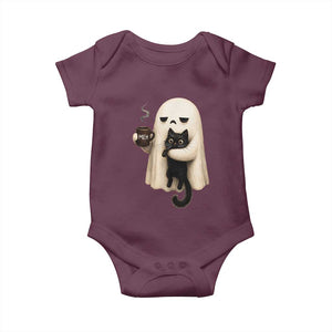 Meh Boojee Sleepy Ghost Holding Black Cat Drinking Coffee Baby Onesie Spooky Halloween Cute Autumn Morning Mood Graphic