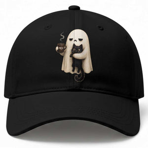 Meh Boojee Sleepy Ghost Holding Black Cat Drinking Coffee Baseball Cap Spooky Halloween Cute Autumn Morning Mood Graphic