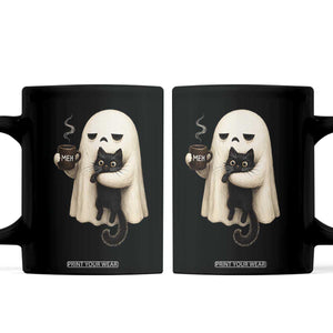 Meh Boojee Sleepy Ghost Holding Black Cat Drinking Coffee Coffee Mug Spooky Halloween Cute Autumn Morning Mood Graphic