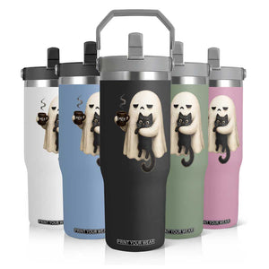 Meh Boojee Sleepy Ghost Holding Black Cat Drinking Coffee Flip Straw Tumbler Spooky Halloween Cute Autumn Morning Mood Graphic