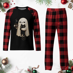 Meh Boojee Sleepy Ghost Holding Black Cat Drinking Coffee Plaid Pajama Set Spooky Halloween Cute Autumn Morning Mood Graphic