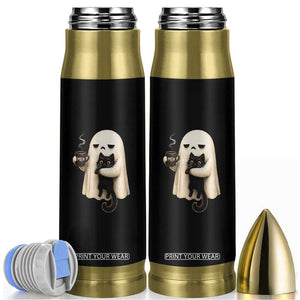 Meh Boojee Sleepy Ghost Holding Black Cat Drinking Coffee Bullet Tumbler Spooky Halloween Cute Autumn Morning Mood Graphic