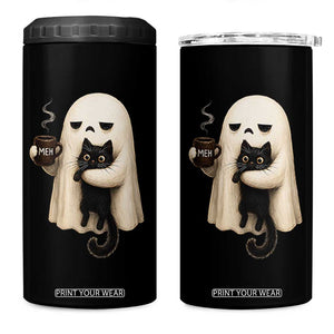 Meh Boojee Sleepy Ghost Holding Black Cat Drinking Coffee 4 in 1 Can Cooler Tumbler Spooky Halloween Cute Autumn Morning Mood Graphic