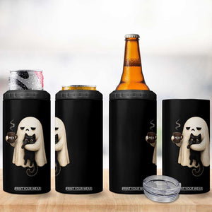 Meh Boojee Sleepy Ghost Holding Black Cat Drinking Coffee 4 in 1 Can Cooler Tumbler Spooky Halloween Cute Autumn Morning Mood Graphic