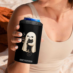 Meh Boojee Sleepy Ghost Holding Black Cat Drinking Coffee 4 in 1 Can Cooler Tumbler Spooky Halloween Cute Autumn Morning Mood Graphic