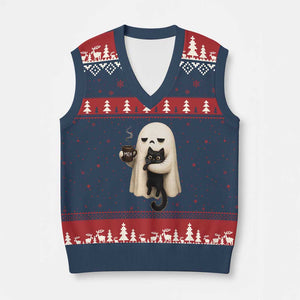 Meh Boojee Sleepy Ghost Holding Black Cat Drinking Coffee V-Neck Knit Sweater Vest Spooky Halloween Cute Autumn Morning Mood Graphic