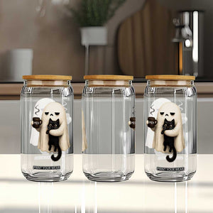 Meh Boojee Sleepy Ghost Holding Black Cat Drinking Coffee Glass Can Spooky Halloween Cute Autumn Morning Mood Graphic