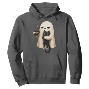 Meh Boojee Sleepy Ghost Holding Black Cat Drinking Coffee Hoodie Spooky Halloween Cute Autumn Morning Mood Graphic