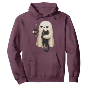 Meh Boojee Sleepy Ghost Holding Black Cat Drinking Coffee Hoodie Spooky Halloween Cute Autumn Morning Mood Graphic