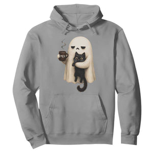 Meh Boojee Sleepy Ghost Holding Black Cat Drinking Coffee Hoodie Spooky Halloween Cute Autumn Morning Mood Graphic