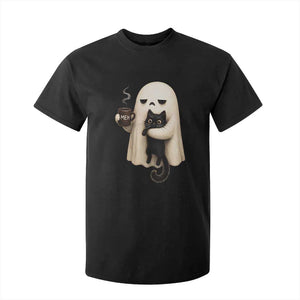 Meh Boojee Sleepy Ghost Holding Black Cat Drinking Coffee T Shirt For Kid Spooky Halloween Cute Autumn Morning Mood Graphic