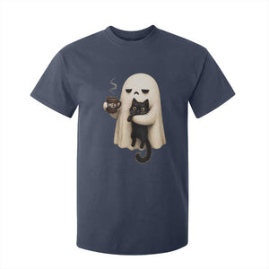 Meh Boojee Sleepy Ghost Holding Black Cat Drinking Coffee T Shirt For Kid Spooky Halloween Cute Autumn Morning Mood Graphic