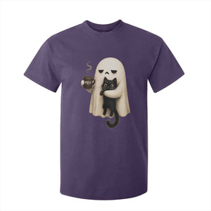 Meh Boojee Sleepy Ghost Holding Black Cat Drinking Coffee T Shirt For Kid Spooky Halloween Cute Autumn Morning Mood Graphic