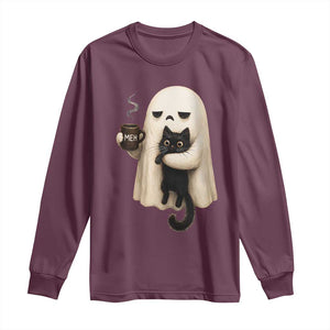 Meh Boojee Sleepy Ghost Holding Black Cat Drinking Coffee Long Sleeve Shirt Spooky Halloween Cute Autumn Morning Mood Graphic