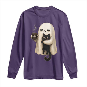 Meh Boojee Sleepy Ghost Holding Black Cat Drinking Coffee Long Sleeve Shirt Spooky Halloween Cute Autumn Morning Mood Graphic