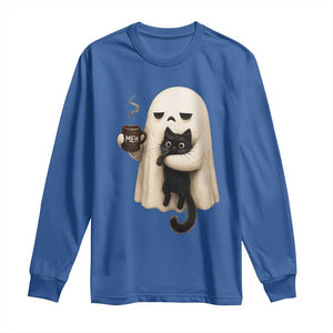 Meh Boojee Sleepy Ghost Holding Black Cat Drinking Coffee Long Sleeve Shirt Spooky Halloween Cute Autumn Morning Mood Graphic