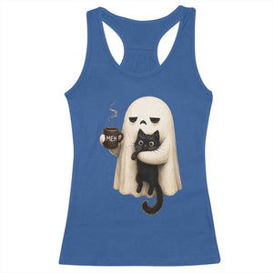 Meh Boojee Sleepy Ghost Holding Black Cat Drinking Coffee Racerback Tank Top Spooky Halloween Cute Autumn Morning Mood Graphic