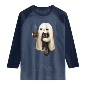 Meh Boojee Sleepy Ghost Holding Black Cat Drinking Coffee Raglan Shirt Spooky Halloween Cute Autumn Morning Mood Graphic
