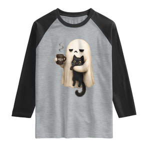 Meh Boojee Sleepy Ghost Holding Black Cat Drinking Coffee Raglan Shirt Spooky Halloween Cute Autumn Morning Mood Graphic